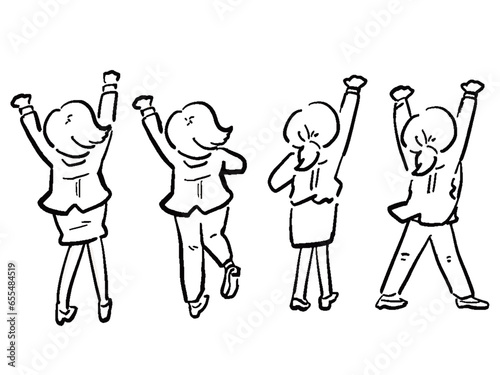 ガッツポーズで喜ぶ後ろ姿OLの手描きタッチのイラストセット　全身	線画