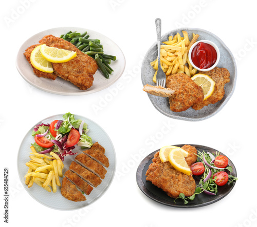 Tasty schnitzels isolated on white. Collage design