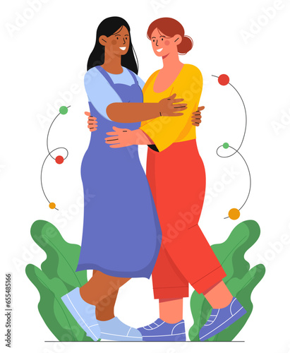 Happy women hugging vector concept