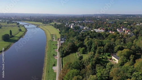 Drone photo, drone shot, drone video, drone flight along the Elbe, flight from the Neustadt with Waldschloesschen bridge, view of the Elbe castles, Eckberg Castle, Lingler Castle, Albrechtsburg photo