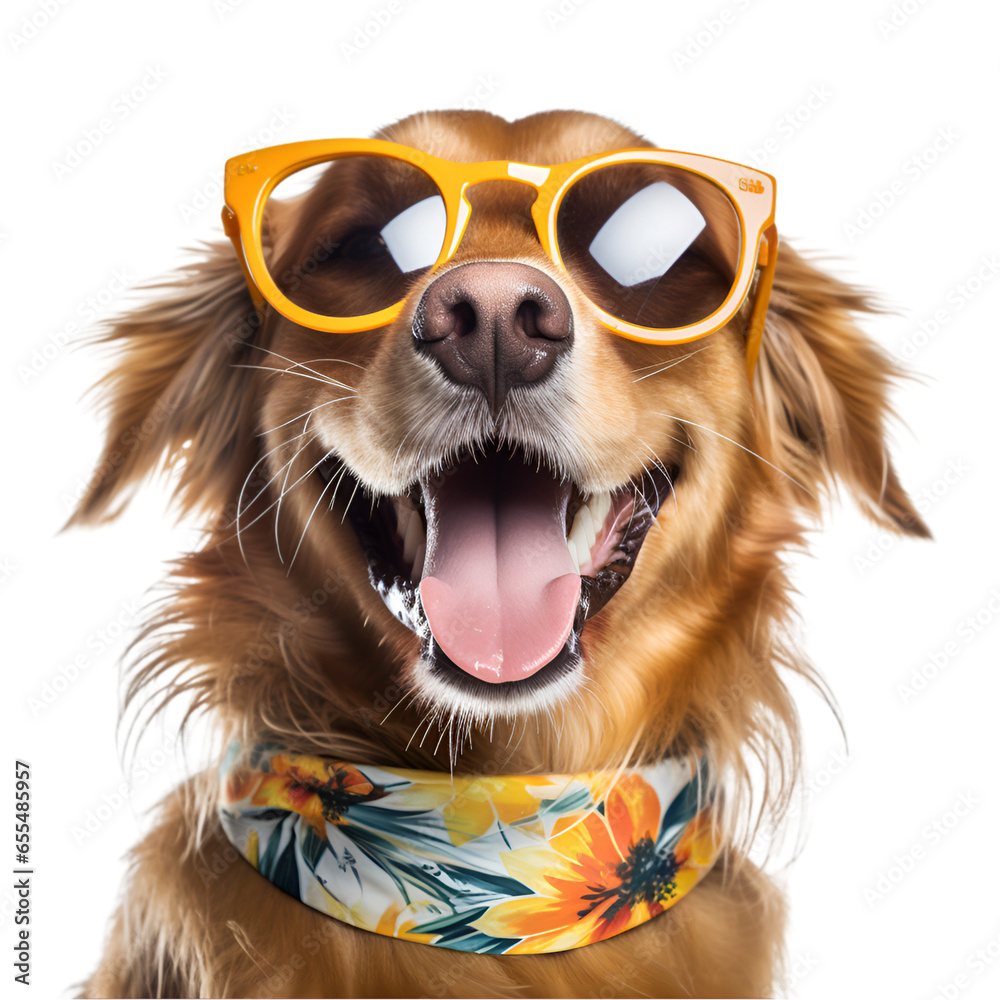 Smiling Dog with Summer Sunglasses Isolated on Transparent or White Background, PNG