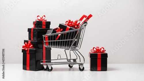 shopping cart and black gift boxes red ribbon on white background, backdrop copy space © adynue