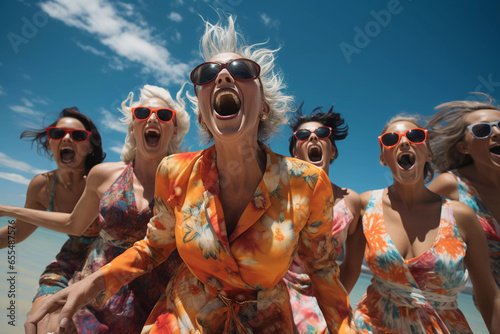 group of elderly ladies tourists laughing loudly outdoors in colorful and elegant beach attire 