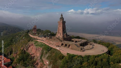 Drone photo, drone shot, drone video, drone flight over the Kyffhaeuser with Kaiser Wilhelm monument, Barbarossaden monument, fog, clouds, wide angle, Kyffhaeuserland, Thuringia, Germany, Europe photo