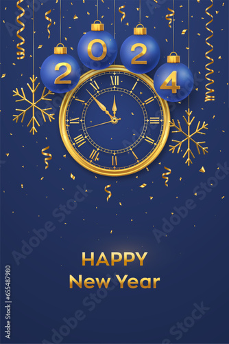 Happy New Year 2024. Hanging Blue Christmas bauble balls with realistic gold 3d numbers 2024 and snowflakes. Watch with Roman numeral and countdown midnight, eve for New Year. Merry Christmas. Vector.