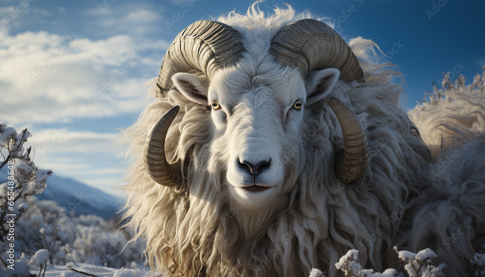 A majestic ram grazes in the snowy mountain meadow generated by AI