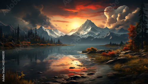 Tranquil scene Majestic mountain peak reflects in serene mountain pond generated by AI