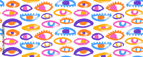 Cute cartoon style thick eyes seamless banner. Brush drawn colorful doodle background.