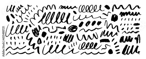 Various charcoal pencil curly lines, squiggles. Childish style crayon strokes, squiggles.