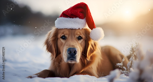 Cute golden retriever laying in the snow with a Santa hat on. photo