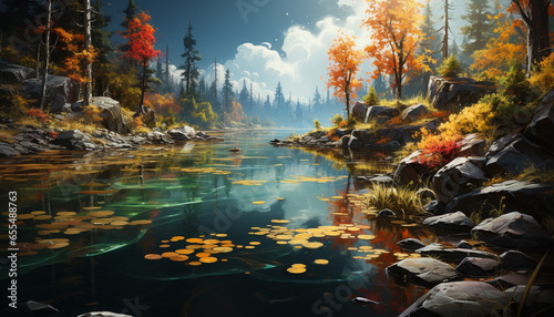 Autumn landscape vibrant colors, tranquil pond, and majestic mountains generated by AI