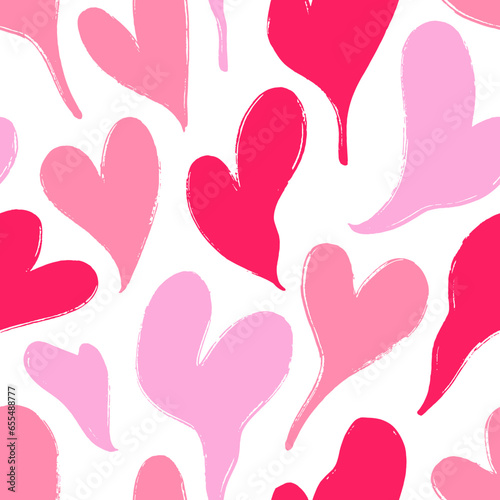 Melting hearts silhouettes seamless pattern. Brush drawn doodle hearts in groovy cartoon style.