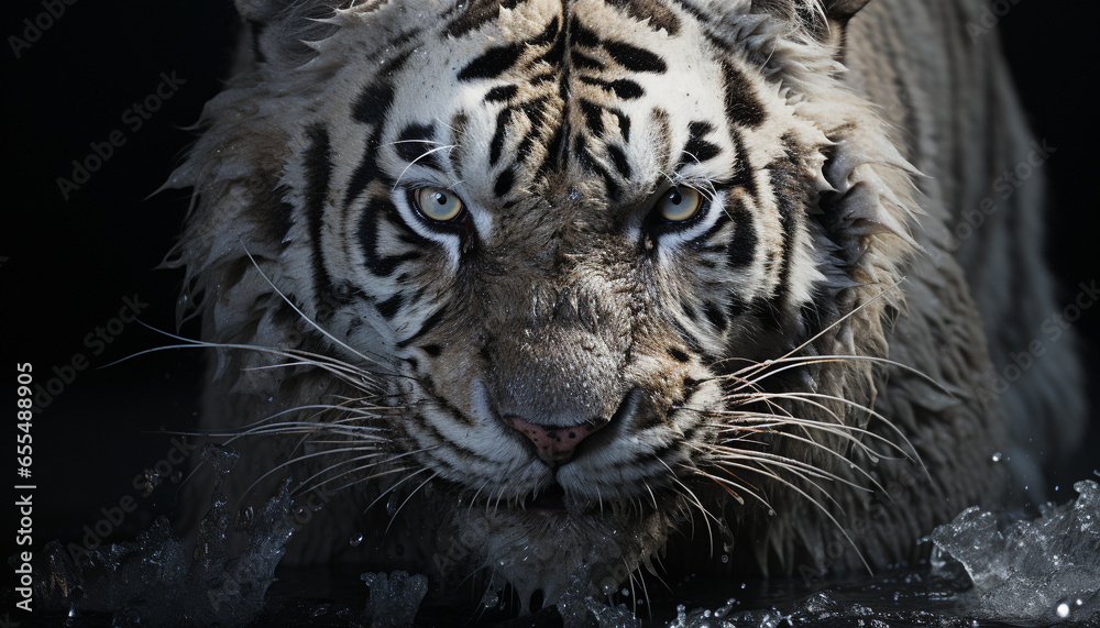 Obraz premium Majestic Bengal tiger, fierce and beautiful, staring into the camera generated by AI
