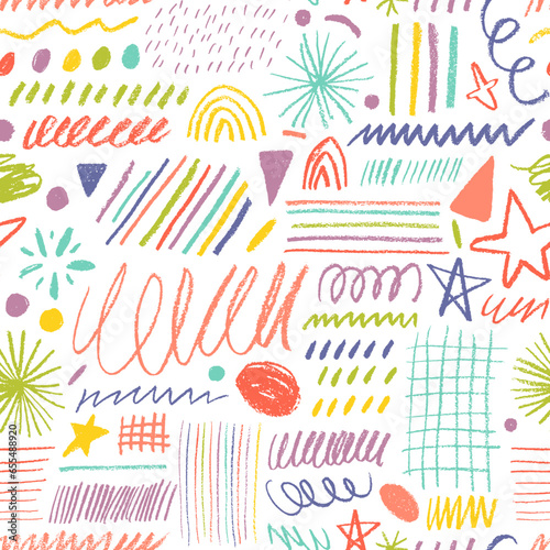 Colored charcoal doodle shapes and lines seamless pattern. Childish doodle shapes background.