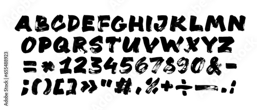 Childish alphabet brush drawn letters and numbers vector illustration. Typography sign and symbols.