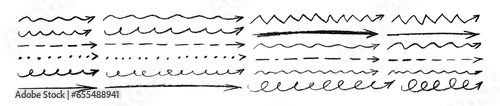 Set of hand drawn charcoal thin long arrows. Horizontal vector arrows collection.