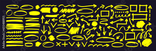 Yellow marker arrows, highlighters, underlines, frames and symbols for hand drawn diagrams.