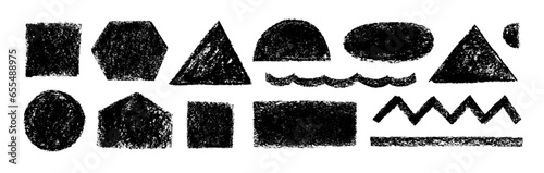 Set of charcoal geometric basic shapes. Pencil or crayon texture, basic geometric figures.