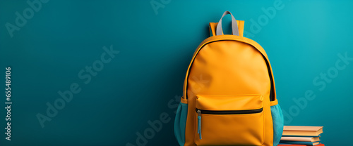 Yellow school backpack and books with a plain teal background. Space for product placement. 