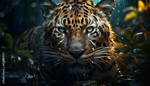 Majestic Bengal tiger staring, wildcat beauty in nature, tranquil wilderness generated by AI