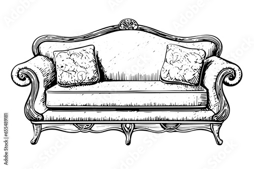 Vintage sofa hand drawn ink sketch. Engraving style vector illustration