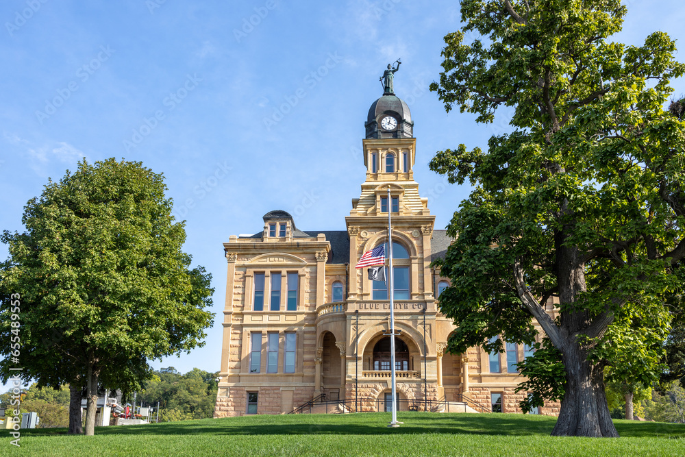 Landscape view of the historic Blue Earth County Courthouse in Mankato, Minnesota, built in 1889, and listed in the National Register of Historic Places