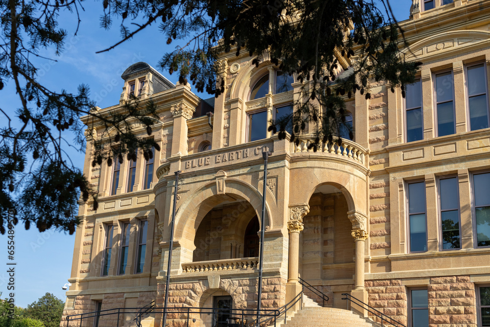 Close up view of the historic Blue Earth County Courthouse in Mankato, Minnesota, built in 1889, and listed in the National Register of Historic Places