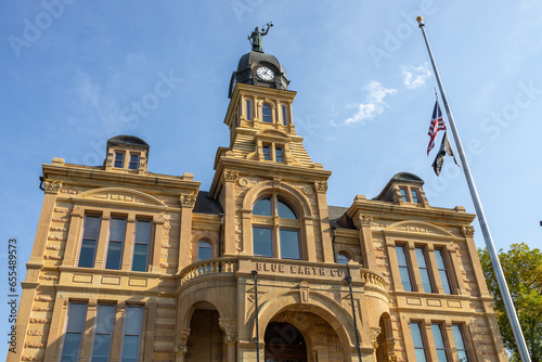 Close up view of the historic Blue Earth County Courthouse in Mankato, Minnesota, built in 1889, and listed in the National Register of Historic Places