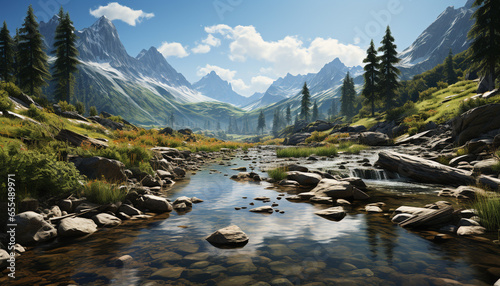 Majestic mountain range reflects in tranquil flowing water, creating breathtaking beauty generated by AI