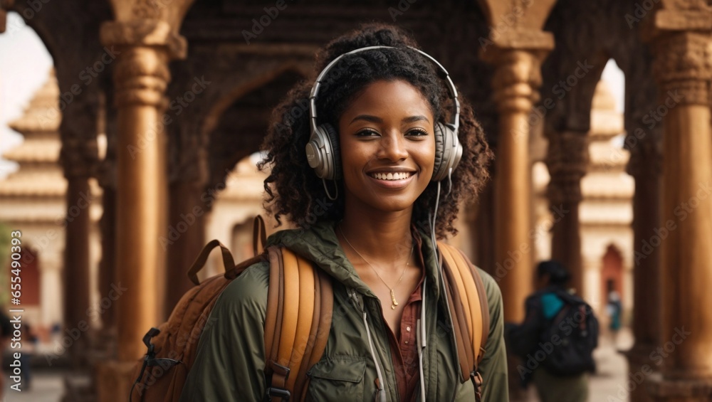 African American woman smiling and listening to music, traveling through Asia, touring ancient temples, traditional culture
