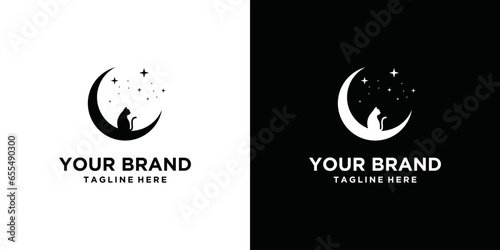 logo design silhouette of a cat sitting on a crescent moon with star decoration in a simple flat style design with a peaceful feel.