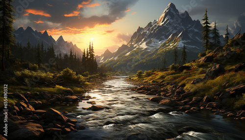 Majestic mountain peak reflects tranquil sunset on blue wilderness water generated by AI © Gstudio