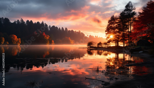 Tranquil scene sunset reflects on autumn forest, nature vibrant beauty generated by AI