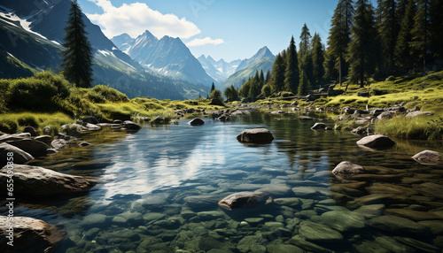 Tranquil scene  Majestic mountain peak reflects in flowing water generated by AI