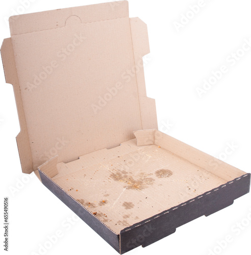Empty pizza box open with pizza stains inside isolated on transparent background