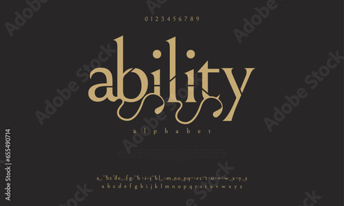 Ability premium luxury elegant alphabet letters and numbers. Elegant wedding typography classic serif font decorative vintage retro. Creative vector illustration