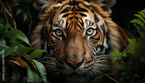 Majestic tiger, wildcat staring, striped fur, fierce eyes, tropical forest generated by AI