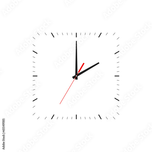 Clock vector. Classic black and white square wall clock vector. Clock face vector illustration
