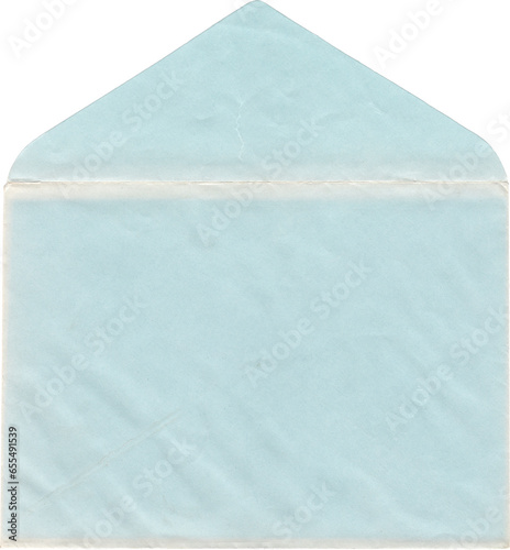 A classic old envelope with wrinkles and marks in baby blue colour isolated