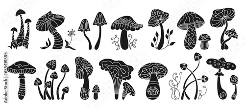 Mushrooms mystical stylizes stamp or engraving set. Boho magic poisonous and edible stencil mushrooms. Organic line poisonous psychedelic fungus etching style. Print ornament fungus vector collection