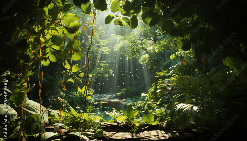 A lush green forest, a tranquil scene of nature beauty generated by AI