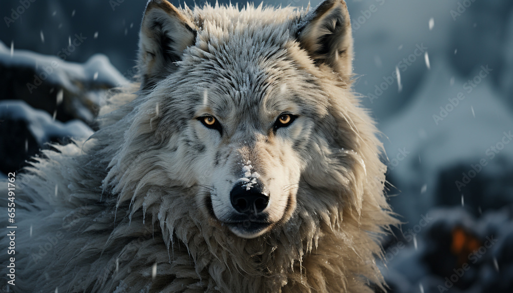 A majestic wolf in the snowy forest, gazing into the camera generated by AI