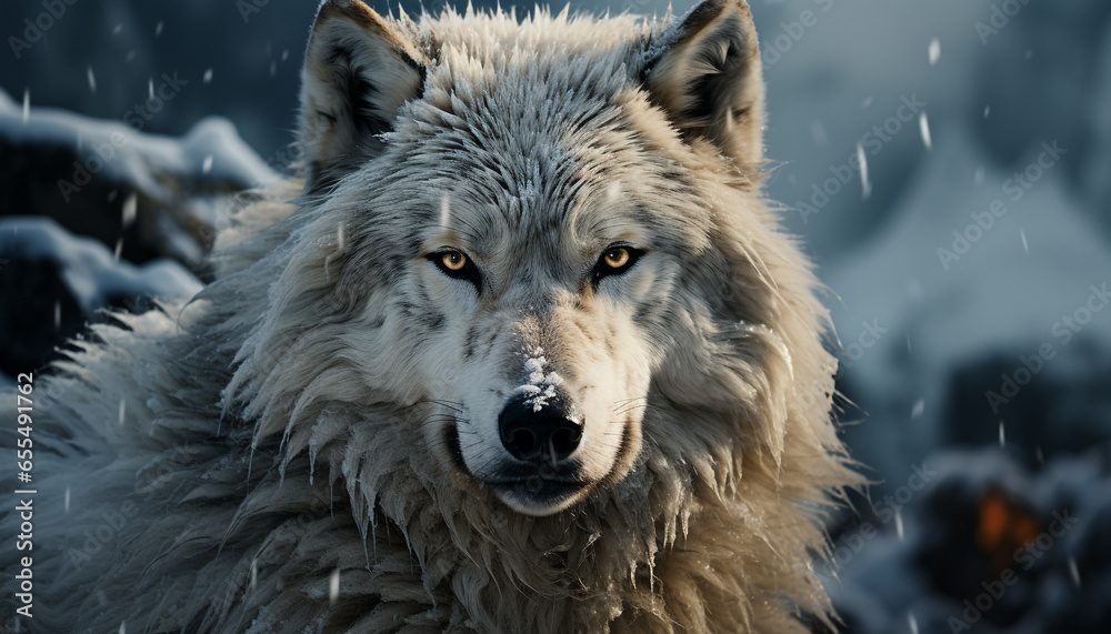 Obraz premium A majestic wolf in the snowy forest, gazing into the camera generated by AI