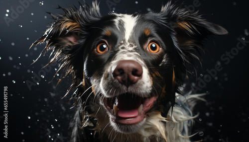 Cute puppy, wet fur, looking at camera, black background, outdoors generated by AI