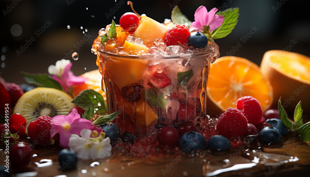 Freshness of summer berries, a gourmet dessert on wooden table generated by AI Freshness of summer berries, a gourmet dessert on wooden table generated by AI