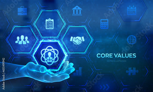Core Values icon in wireframe hand. Responsibility Ethics Goals Company concept on virtual screen. Core values infographic. Vector illustration.