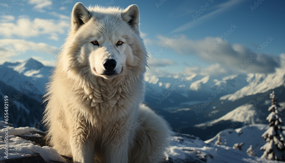 Obraz premium A majestic Samoyed dog explores the snowy arctic wilderness generated by AI