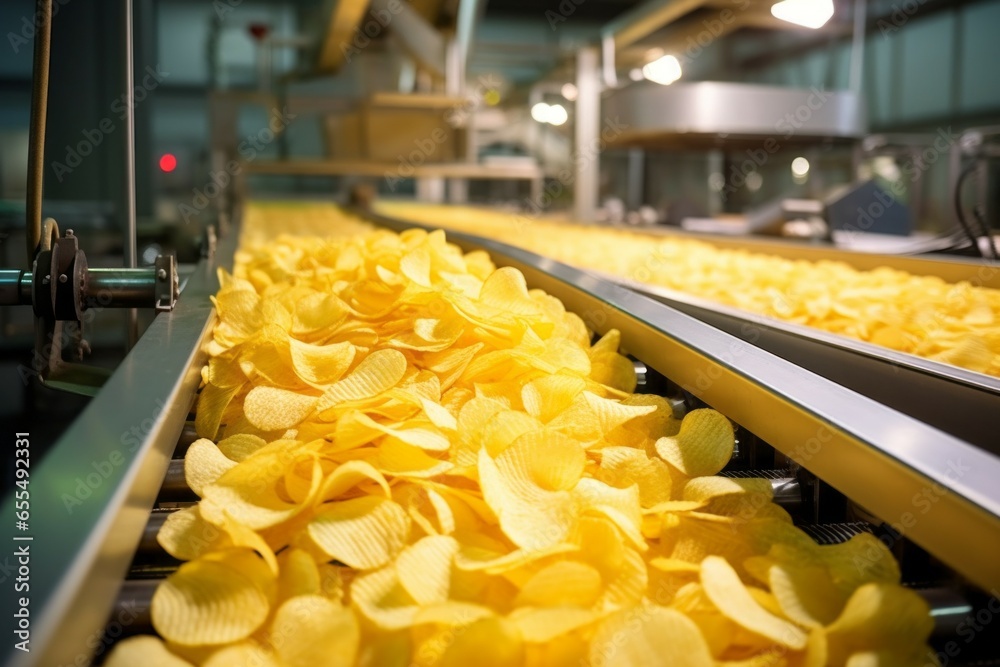 Chips factory. Production conveyor line. Background with selective focus and copy space Chips factory. Production conveyor line. Background with selective focus and copy space