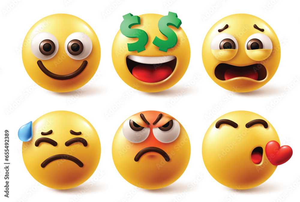 Emoji face characters vector set. Emojis emoticon character yellow emoticon in happy, smiling, money dollar, disappointed, sad and enraged facial expression in white background. Vector illustration Emoji face characters vector set. Emojis emoticon character yellow emoticon in happy, smiling, money dollar, disappointed, sad and enraged facial expression in white background. Vector illustration