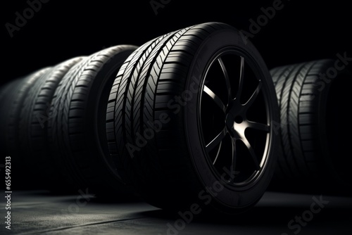 New car tires on a black background. Background with selective focus and copy space © top images